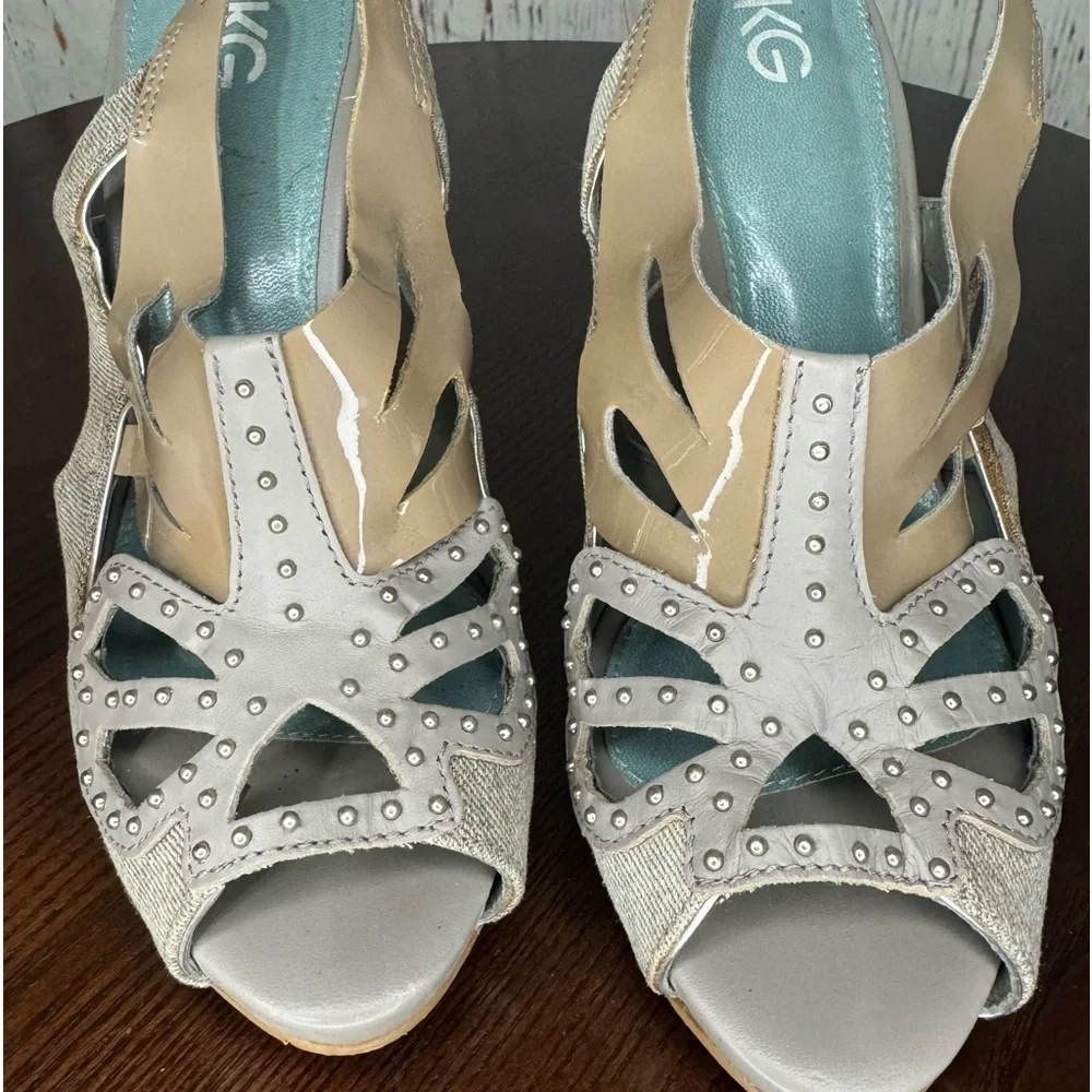 KG KURT GEIGER DENIM, Calf, PATENT Leather Laser Cut Studded heeled Sandals 37 - Picture 2 of 16